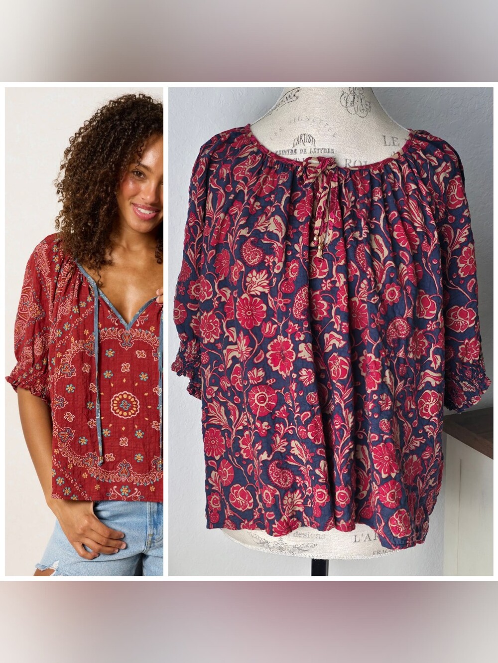 Natural Life Paisley Short Sleeve Blouse XL Red&Navy Smocked Sleeves Tie Neck